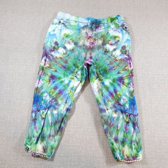 Talbots Pants Women 10P Linen Elastic Waist Cropped Green Blue Purple Boho - Picture 13 of 16